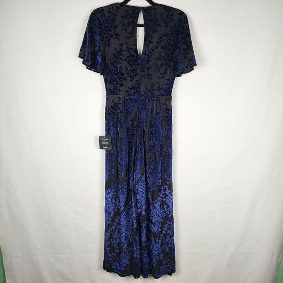 NWT Lulus Poised Excellence Black and Blue Velvet Burnout Jumpsuit Size Small - Picture 4 of 9